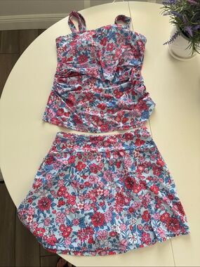 Blue Floral Tankini Set with Skirt - Women's Swimwear